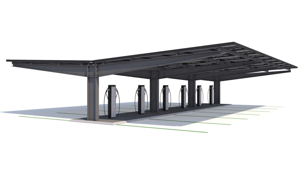 Megasol carportløsninger med tagintegrerede solceller 1 megasol dobbeltvingede solcellecarport som sammensatte moduler